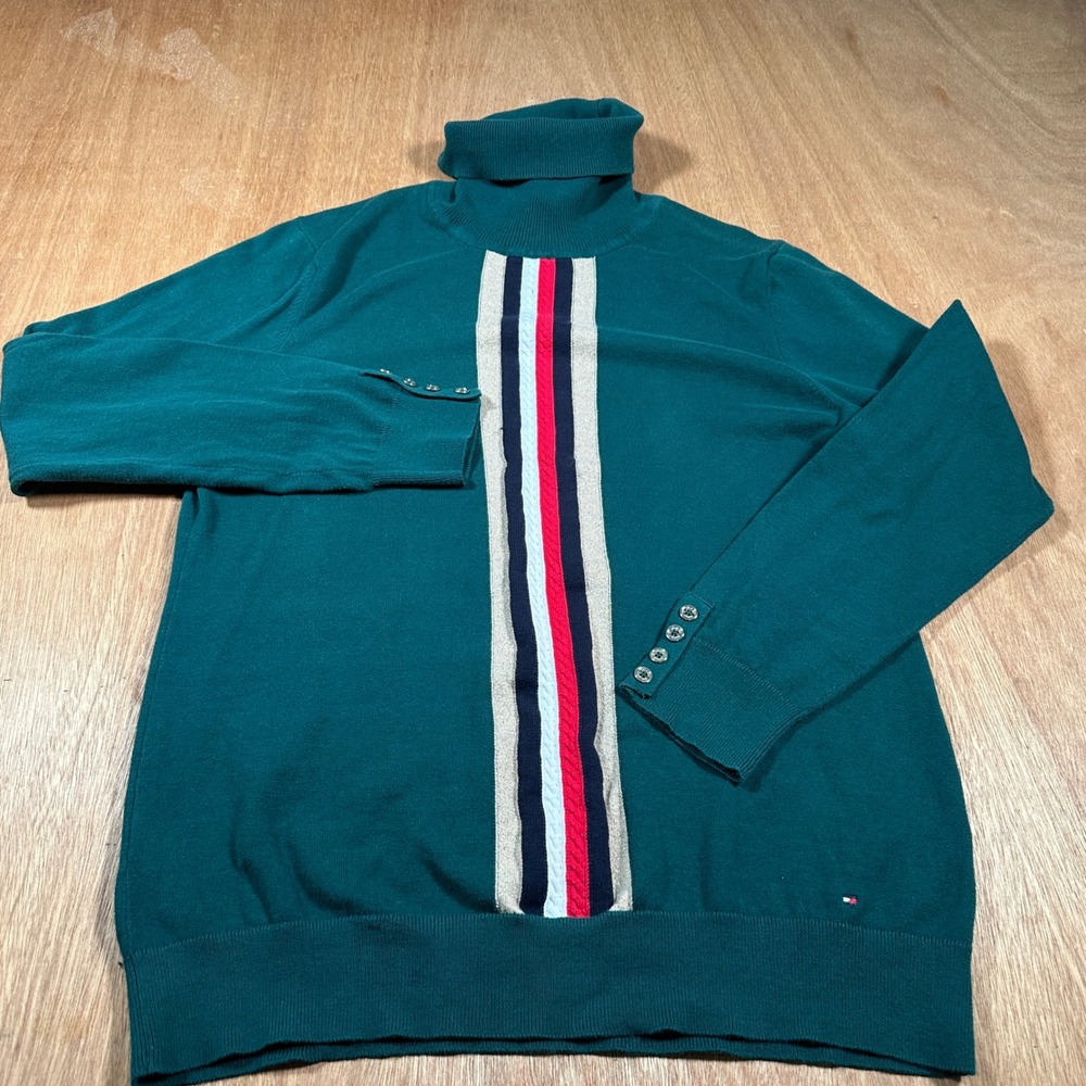 Tommy Hilfiger Turtleneck Sweater Womens XL Green Stripe Button Cuff Cotton Knit